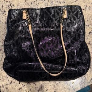 Michael Kors Black Logo Tote with Tan Chain-Accent Straps